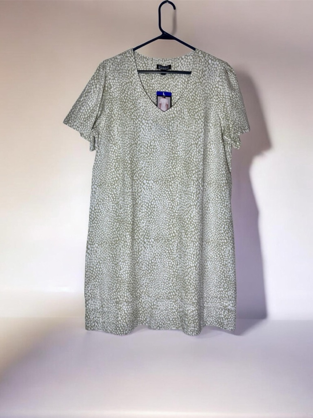 Nicole Miller Women’s Olive Green and White Patterned Linen Dress Size L